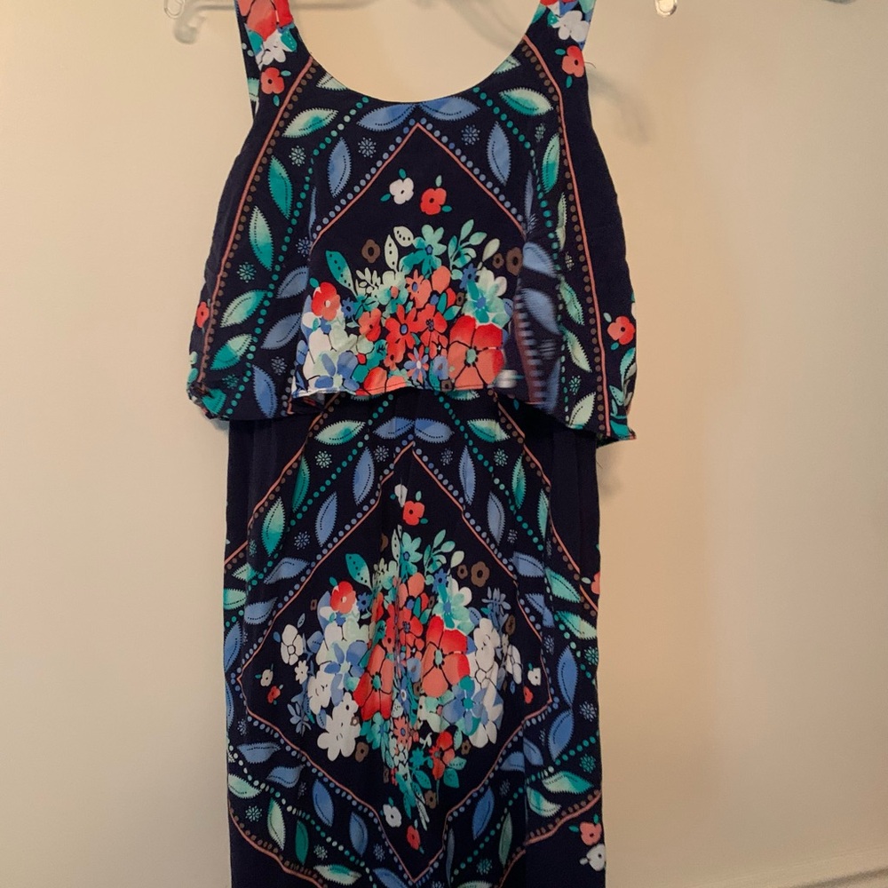 Cato Blue and Red Ruffled Tiered Sundress Halter Wedding Guest
